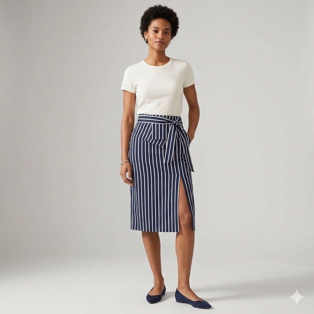 J.O.A. Navy and White Striped Pencil Skirt With Side Slit Size Small